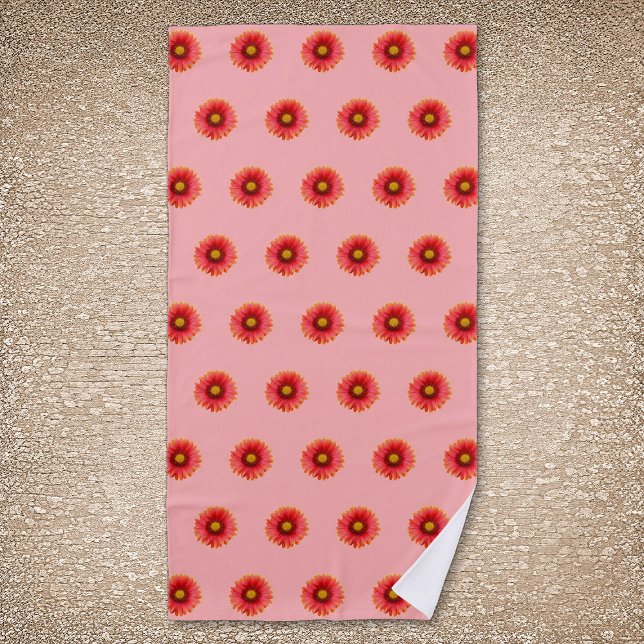 Red Daisy Flower Seamless Pattern on Beach Towel (Red Daisy flower seamless pattern on beach towel)