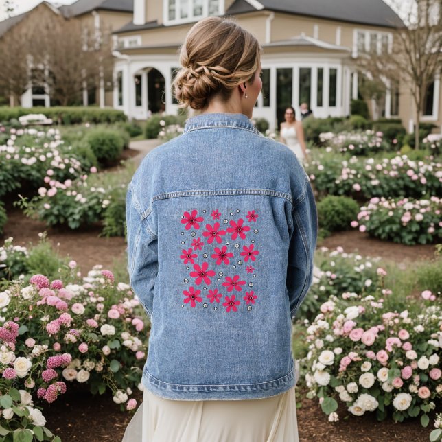 Red daisy flowers retro background summer denim jacket (Wedding Back)