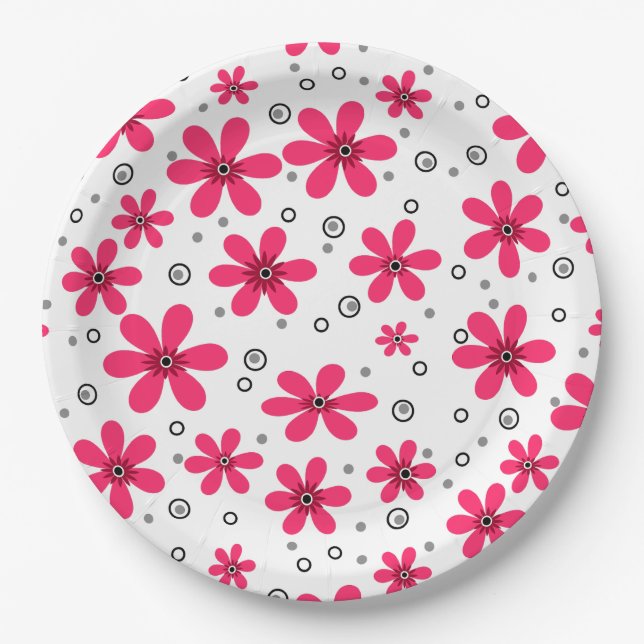 Red daisy flowers retro background summer paper plate (Front)