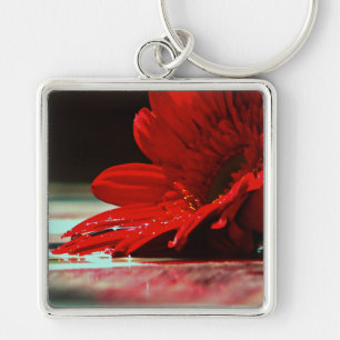 Red Daisy Gerbera Flowers Key Ring