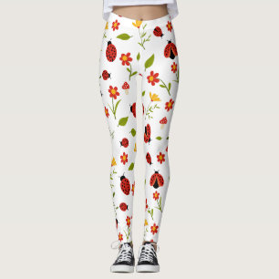 Red Daisy Ladybug Floral Garden Leggings