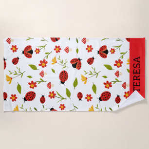 Red Daisy Ladybug Floral Personalised Beach Towel