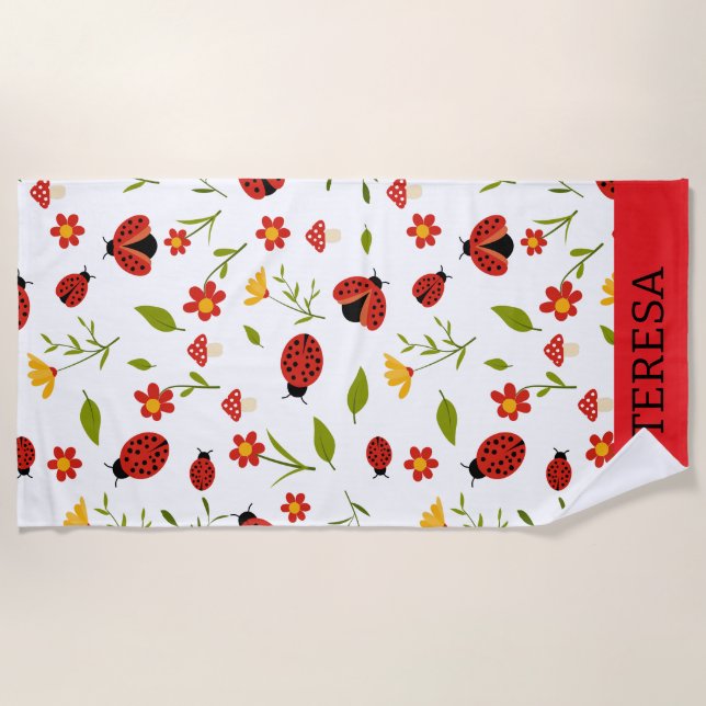 Red Daisy Ladybug Floral Personalised Beach Towel (Front)