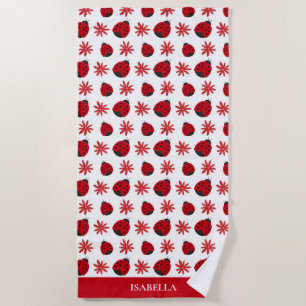 Red Daisy Ladybug Pattern Personalised Beach Towel