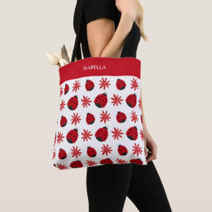 Red Daisy Ladybug Pattern Personalised Tote Bag