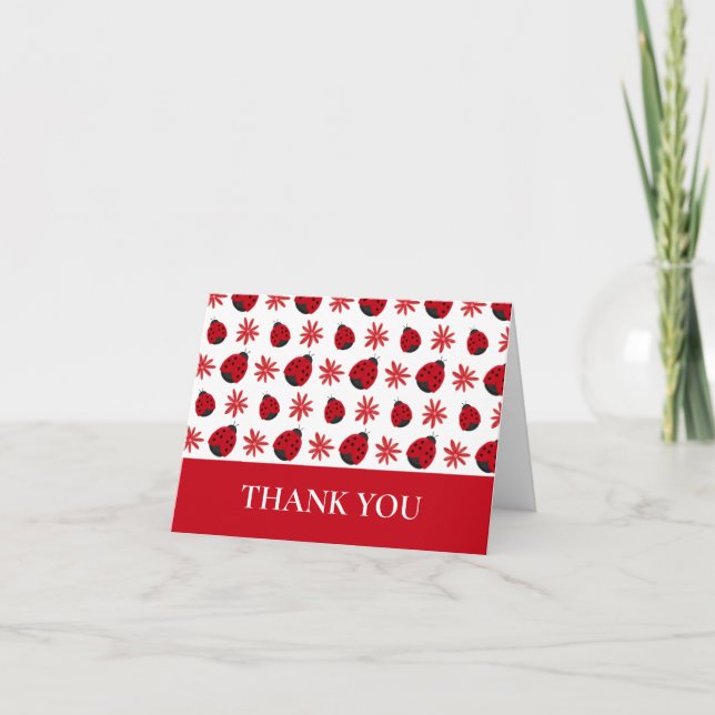 Red Daisy Ladybug Pattern Thank You Card (Front)