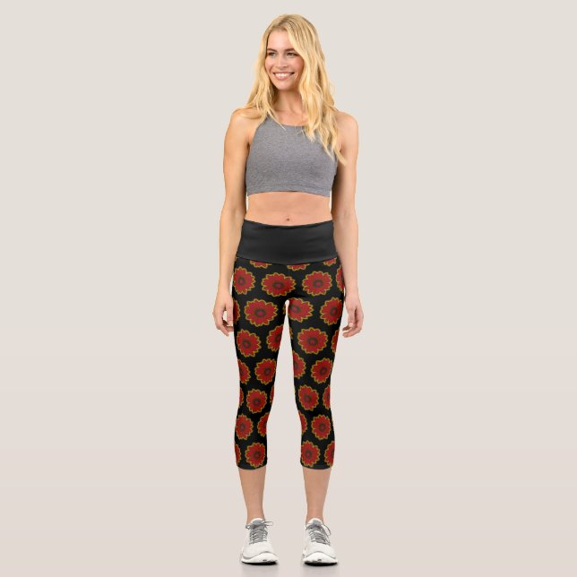 Red Daisy on Black Background Capri Leggings (Front)