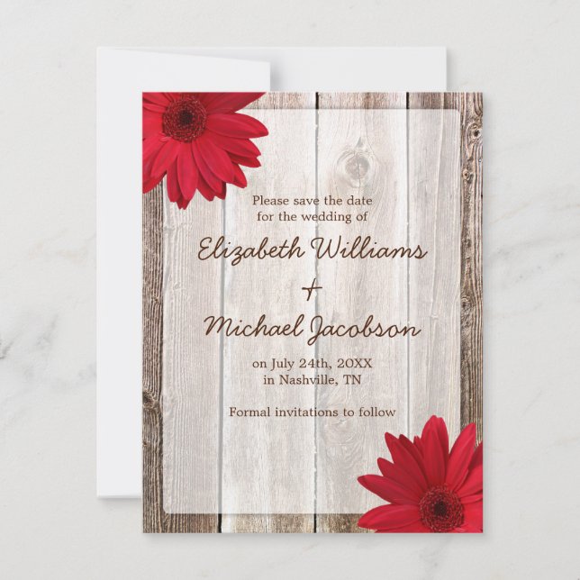 Red Daisy Rustic Barn Save the Date Announcement (Front)