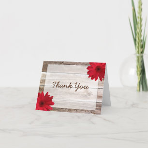 Red Daisy Rustic Barn Wood Thank You Card