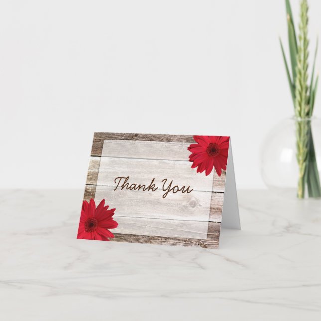 Red Daisy Rustic Barn Wood Thank You Card (Front)