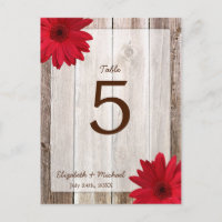 Red Daisy Rustic Barn Wood Wedding Table Number