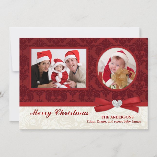 Red Damask 2-Photo Holidays Flat Card (Front)