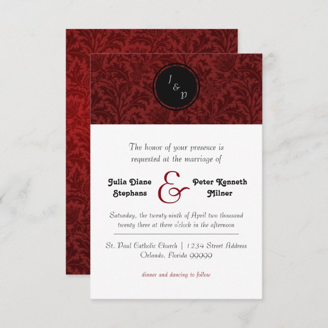 Red Damask - 3x5 Wedding Invitation (Front/Back)