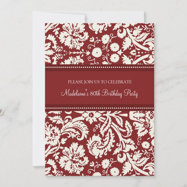 Red Damask 80th Birthday Party Invitations (Front)