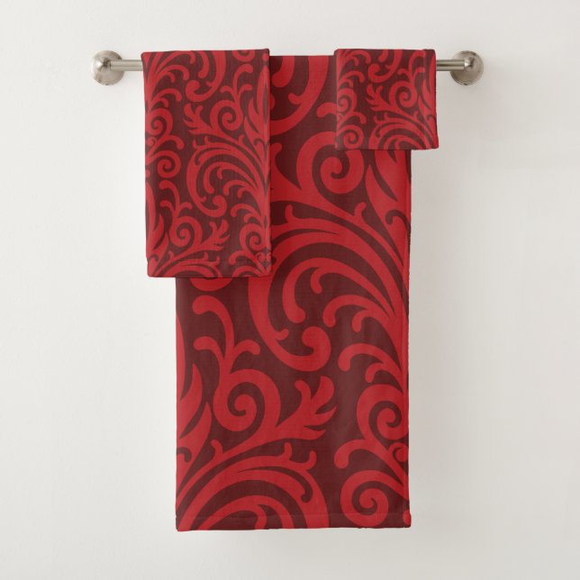 Red Damask Bath Towel Set (Insitu)