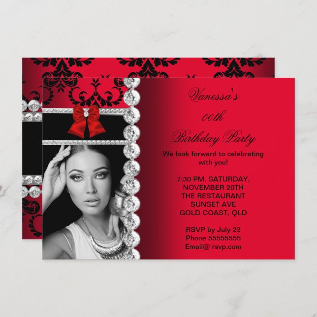 Red Damask Black Jewel Bow Birthday Photo Invitation (Front/Back)