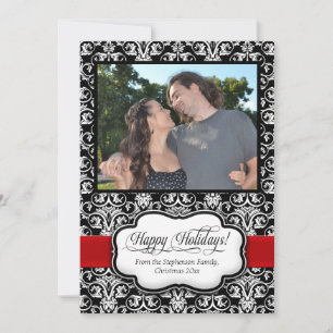 Red Damask Black White Holiday Greeting Card