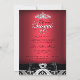 Red Damask & Bow Sweet Sixteen Invitation