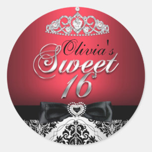 Red Damask & Bow Sweet Sixteen Sticker