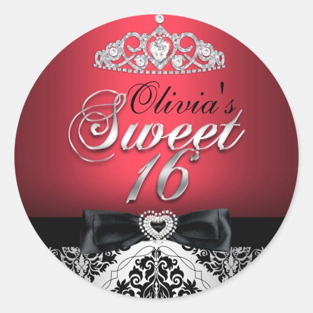 Red Damask & Bow Sweet Sixteen Sticker (Front)
