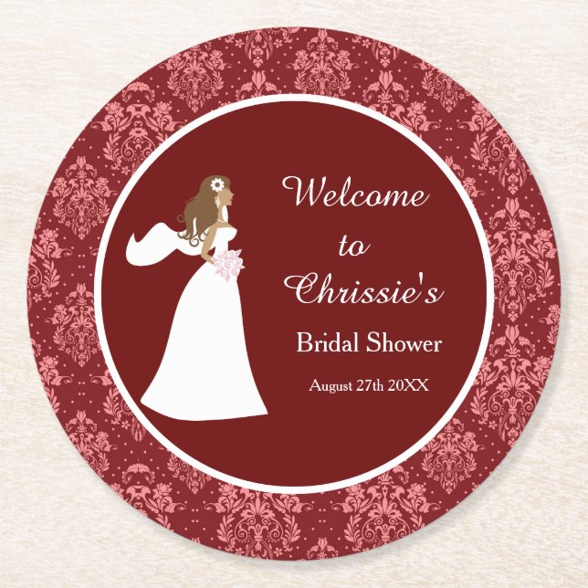 Red Damask Bride Bridal Shower Round Paper Coaster (Front)