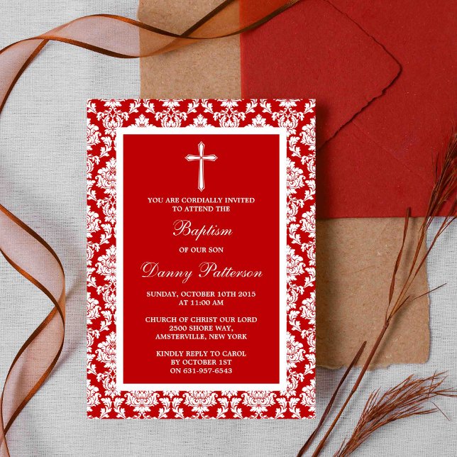 Red Damask Cross Baptism Or Christening Invitation (Creator Uploaded)