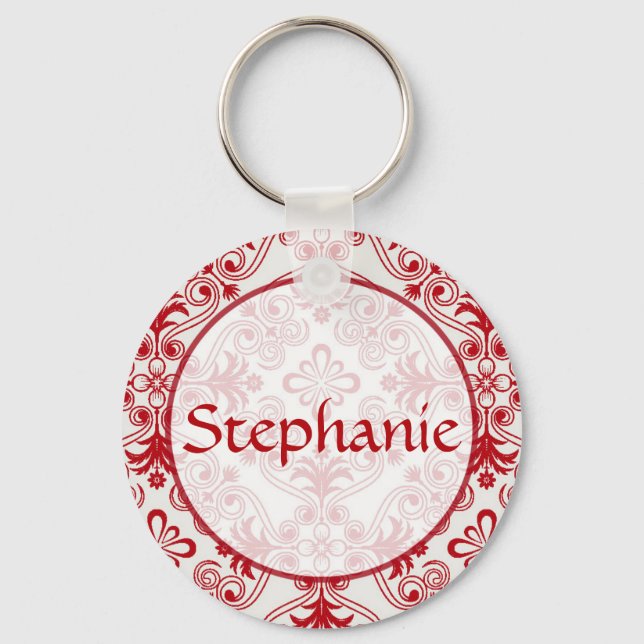 Red Damask Customisable Name Button Keychain (Front)