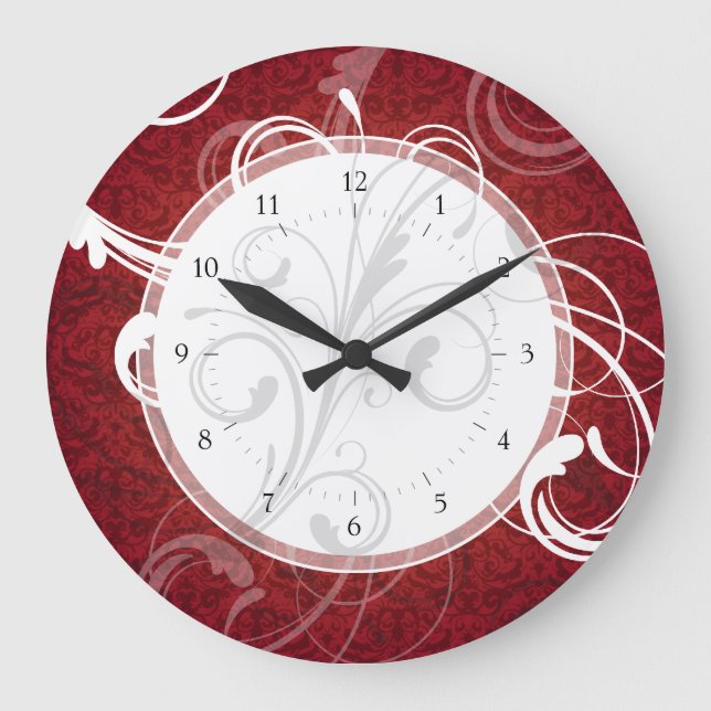 Red Damask Elegant Swirls Large Clock (Front)