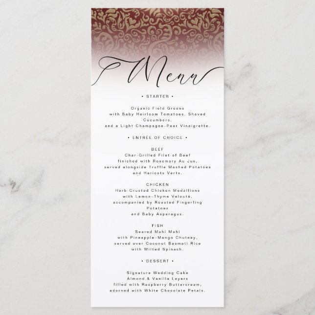 Red Damask Elegant Wedding Menu Card (Front)