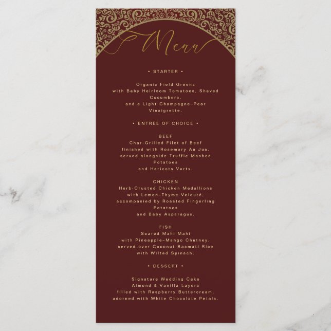 Red Damask Elegant Wedding Menu Card (Front)
