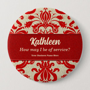 Red Damask Employee Name for Business 10 Cm Round Badge