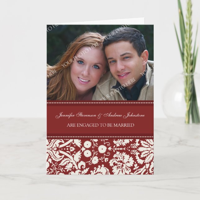 Red Damask Engagement Photo Announcement Card (Front)