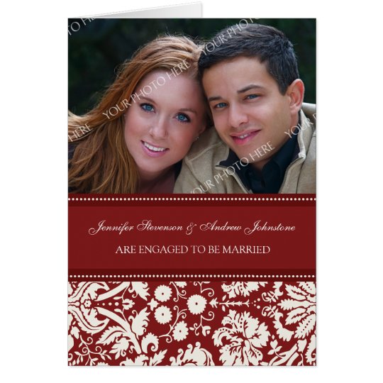Red Damask Engagement Photo Announcement Card