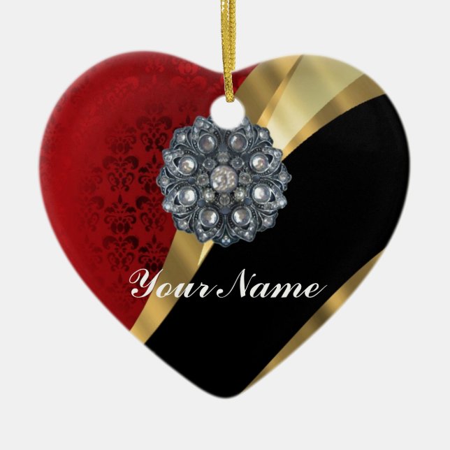 Red damask & gold ceramic tree decoration (Front)