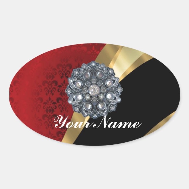 Red damask & gold oval sticker (Front)
