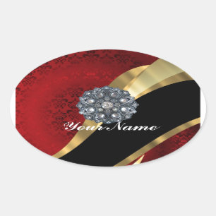 Red damask & gold oval sticker