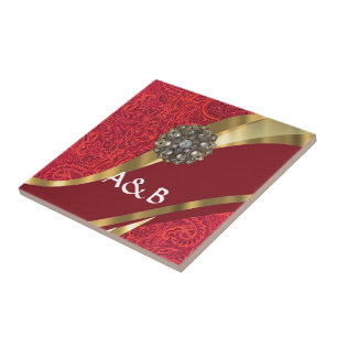 Red damask & gold swirl ceramic tile