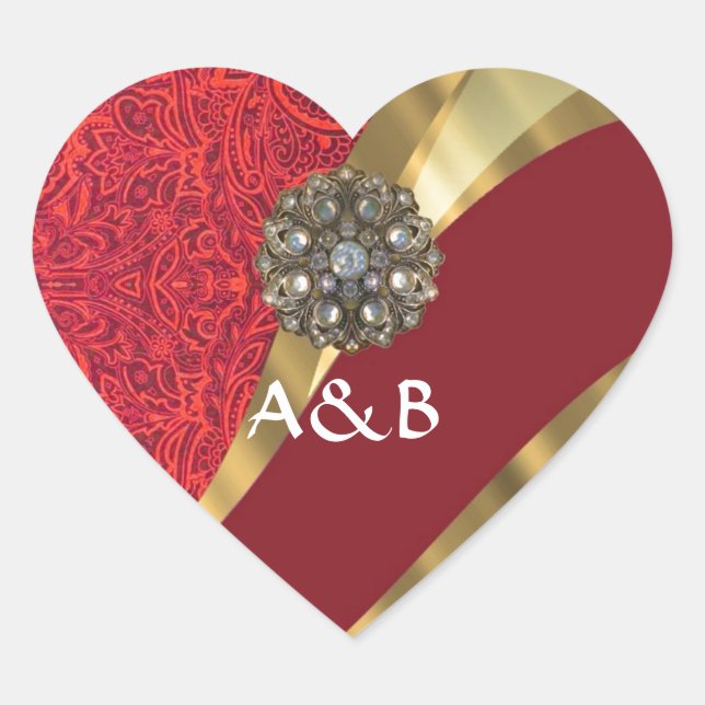 Red damask & gold swirl heart sticker (Front)