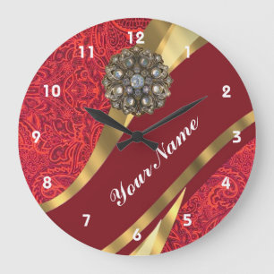 Red damask & gold swirl large clock