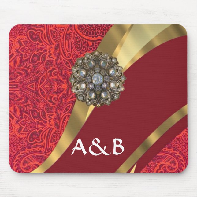 Red damask & gold swirl mouse pad (Front)