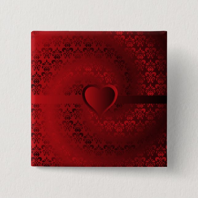 Red damask heart 15 cm square badge (Front)