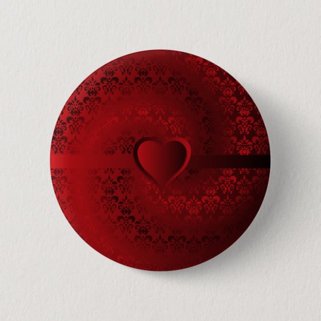 Red damask heart 6 cm round badge (Front)