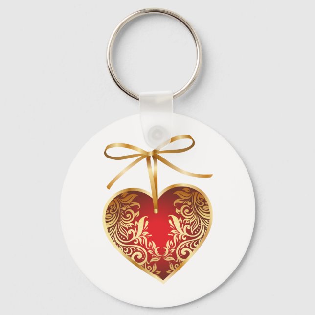 Red Damask Heart Key Ring (Front)