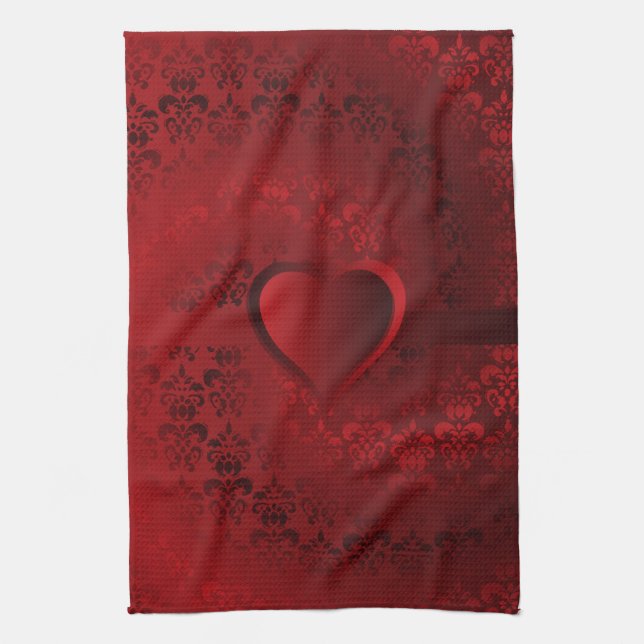 Red damask heart tea towel (Vertical)