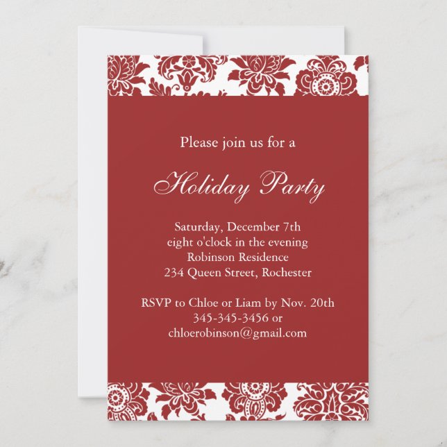 Red Damask Holiday Party Invitation (Front)