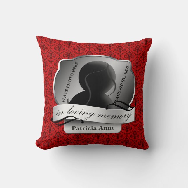 Red Damask "In Loving Memory" In Memoriam Cushion (Front)