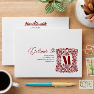 Red Damask Initial M Modern Envelope