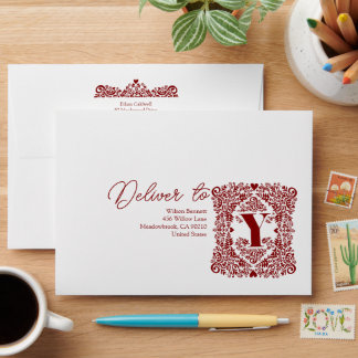 Red Damask Initial Y Modern Envelope