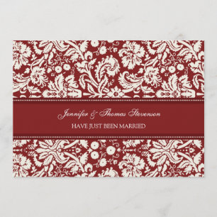 Red Damask Just Married Announcement Cards