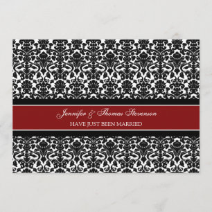 Red Damask Just Married Announcement Cards